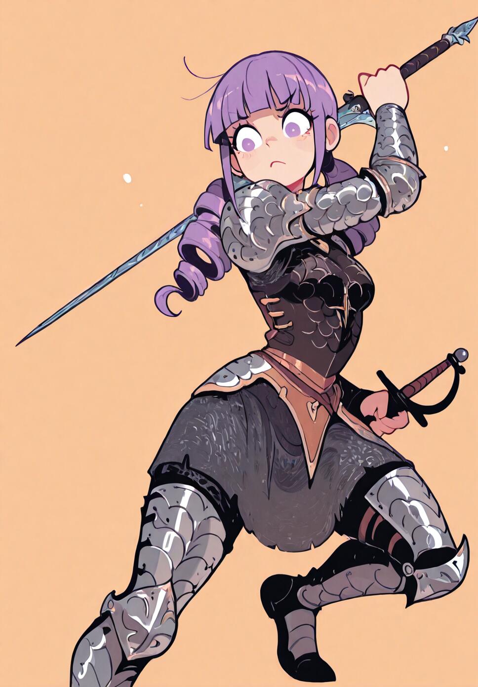 A dynamic flat vector illustration of a girl with drill twintails and blunt bangs wearing chainmail armor and holding a sword.