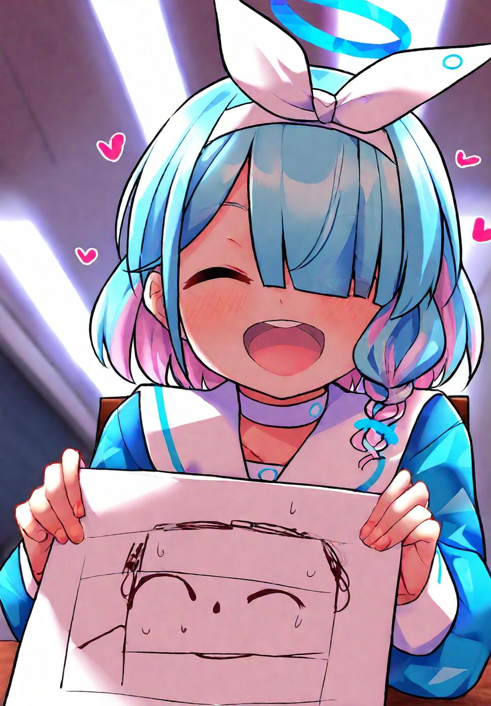 A cute illustration of Arona from Blue Archive wearing a blue sailor uniform and holding a piece of paper with a heart drawing.