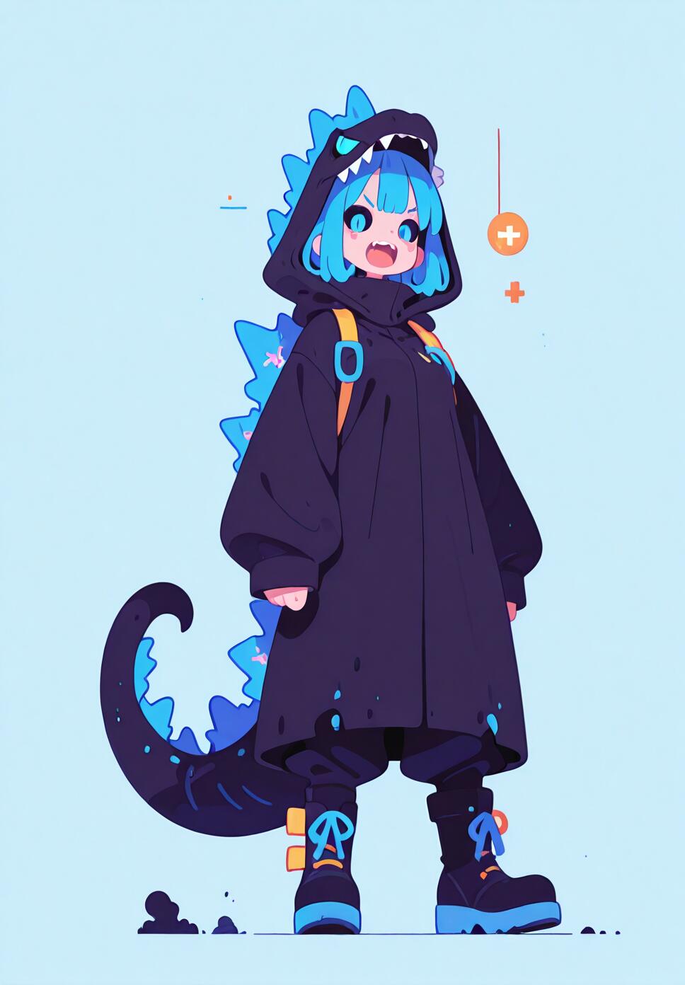 A flat vector illustration of a girl in a Godzilla hood with neon blue hair, fangs, and a glowing blue eye.
