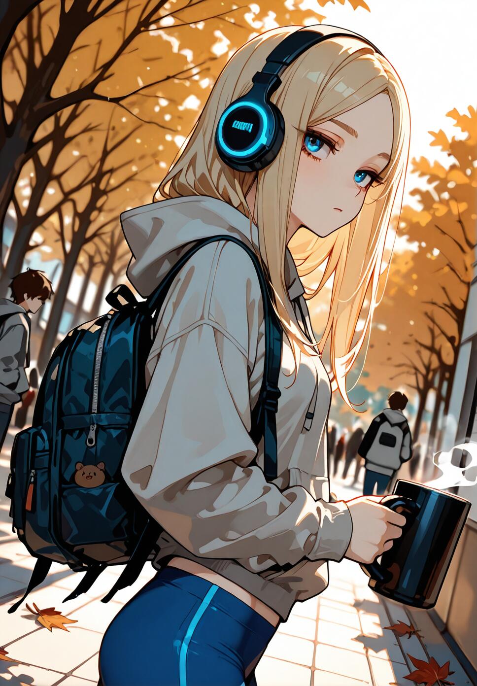 An anime-style illustration of a blonde girl with blue eyes wearing a grey hoodie and blue leggings, walking through an autumn campus with trees and a backpack.