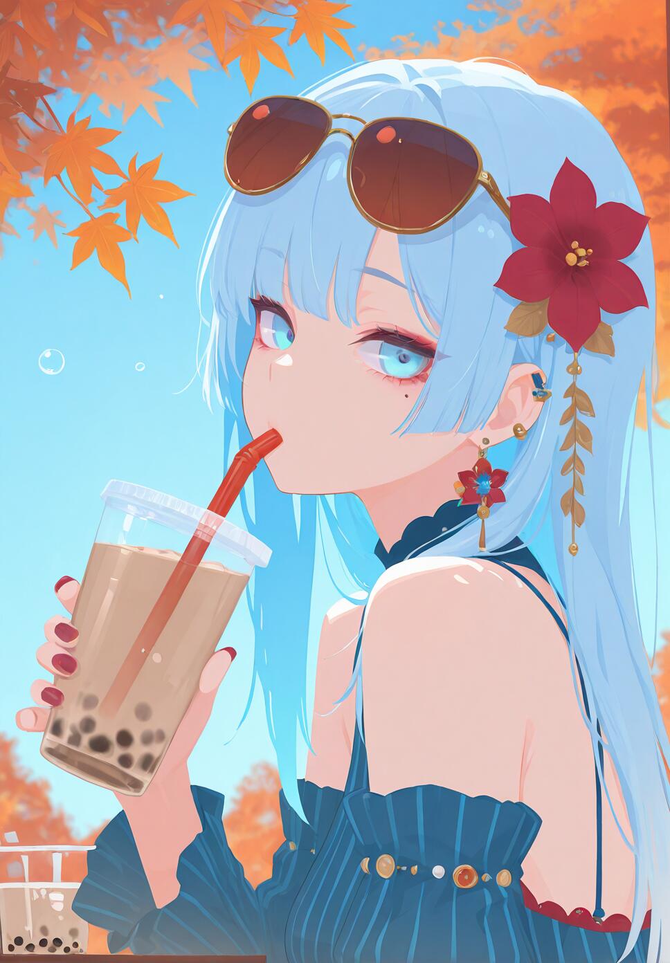 A girl with long ginger hair and blue eyes wearing a blue striped dress, holding a cup of bubble tea against an autumn landscape.