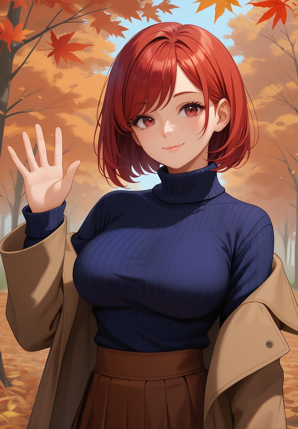 Red-haired girl with red eyes wearing a black turtleneck and brown coat amidst autumn leaves.
