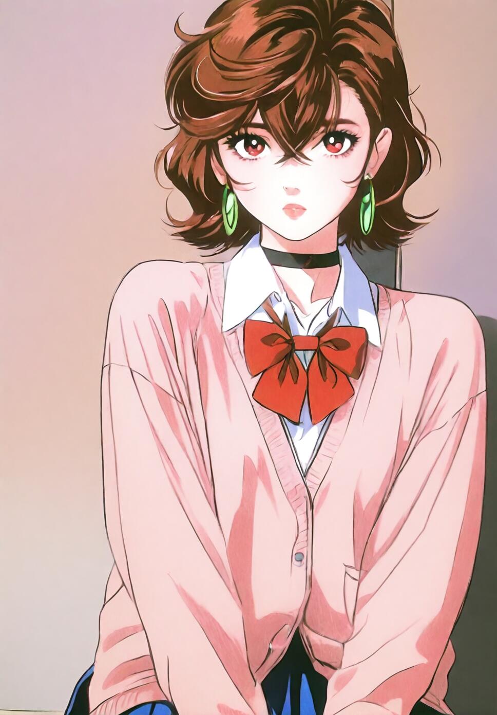 A 90s retro anime style illustration of Ayase Momo from Dandadan wearing a pink cardigan and school uniform.