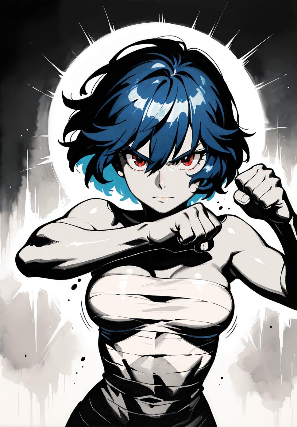 A high-contrast, monochrome anime-style illustration of a girl with blue hair and red eyes, featuring a bandaged torso and an intense action pose with ink and watercolor textures.