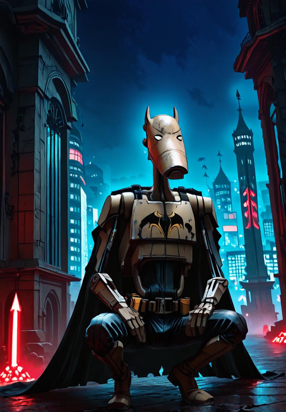 Batman squatting on a gothic tower overlooking the dark, gritty skyscrapers of Gotham City at night.