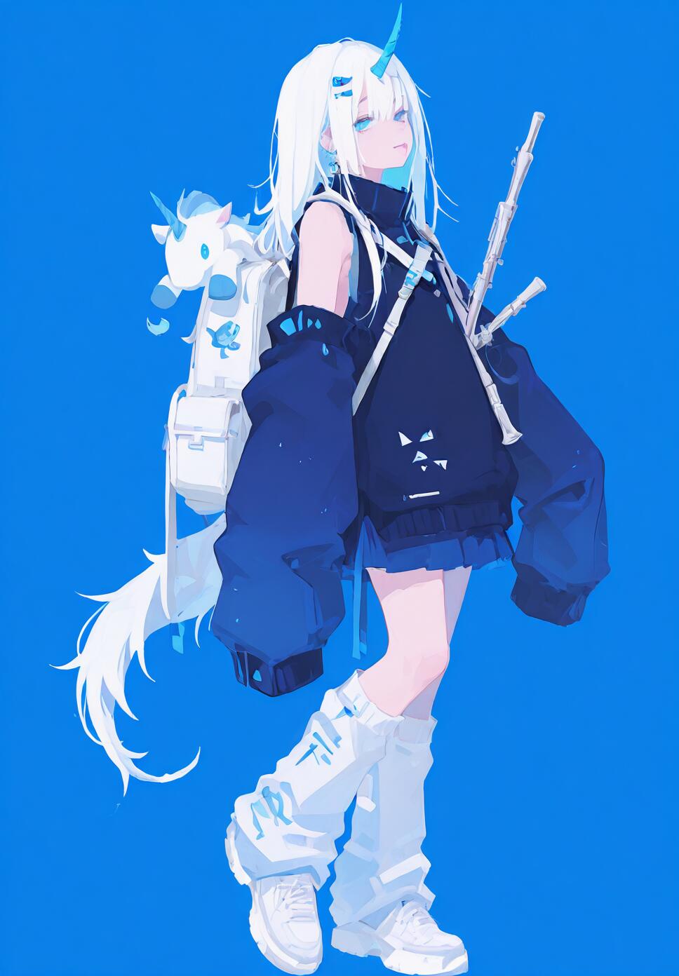 A magical girl with white hair, a single horn, and blue eyes, wearing a blue outfit and playing a flute.