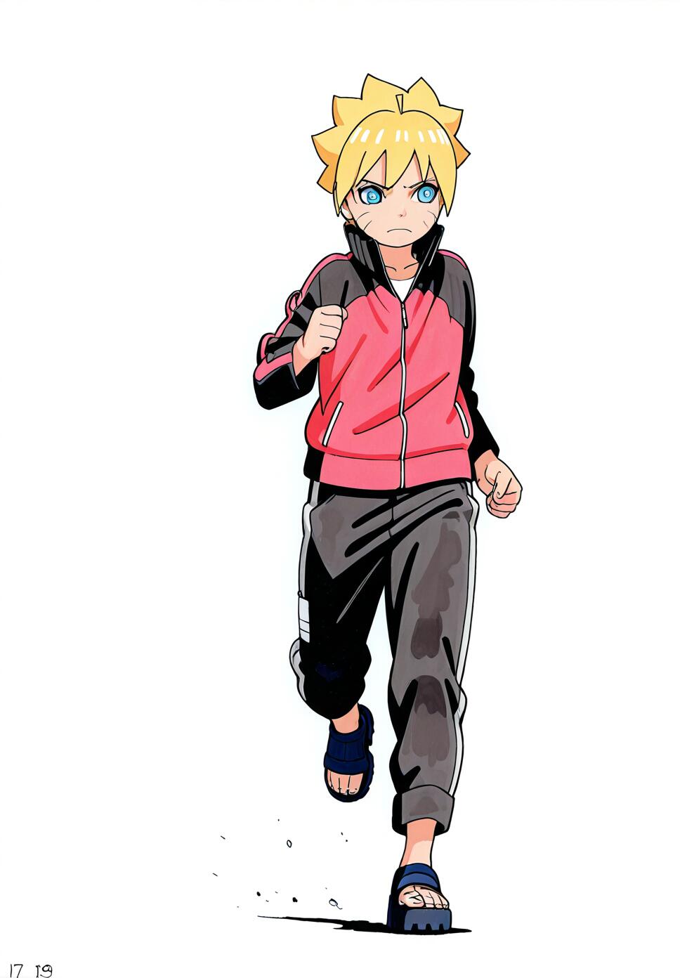 Watercolor artwork of Boruto Uzumaki from Naruto Next Generations jogging in black sweatpants against a white background.