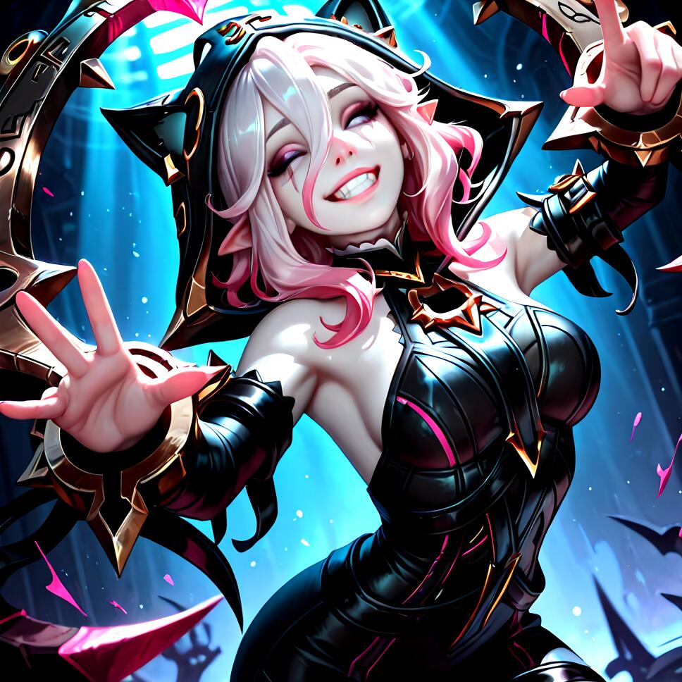 Briar from League of Legends wearing a cat onesie, dancing and cheering with a happy expression and white hair with pink ends.
