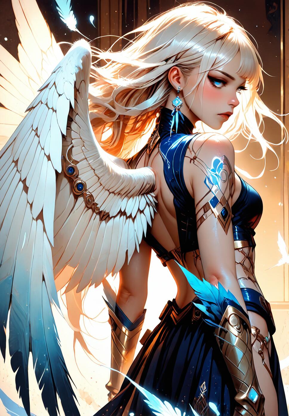 A fierce female warrior with golden hair and blue eyes, wearing blue and gold spiked armor and large white feathered wings, surrounded by floating feathers.