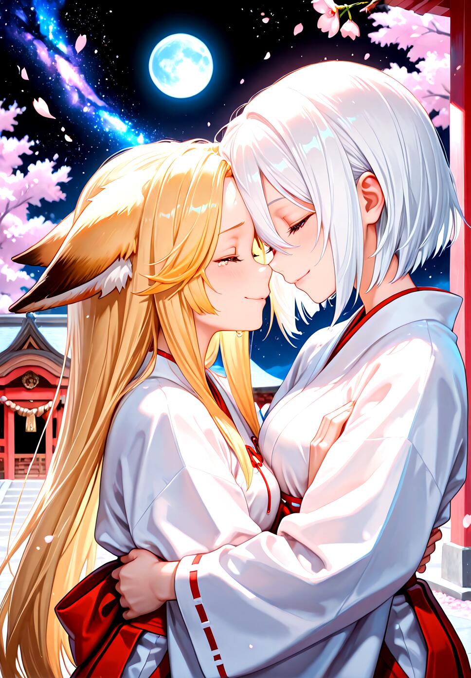 A white-haired fox girl and a blonde shrine maiden hugging forehead-to-forehead under a full moon, galaxy sky, and cherry blossoms.