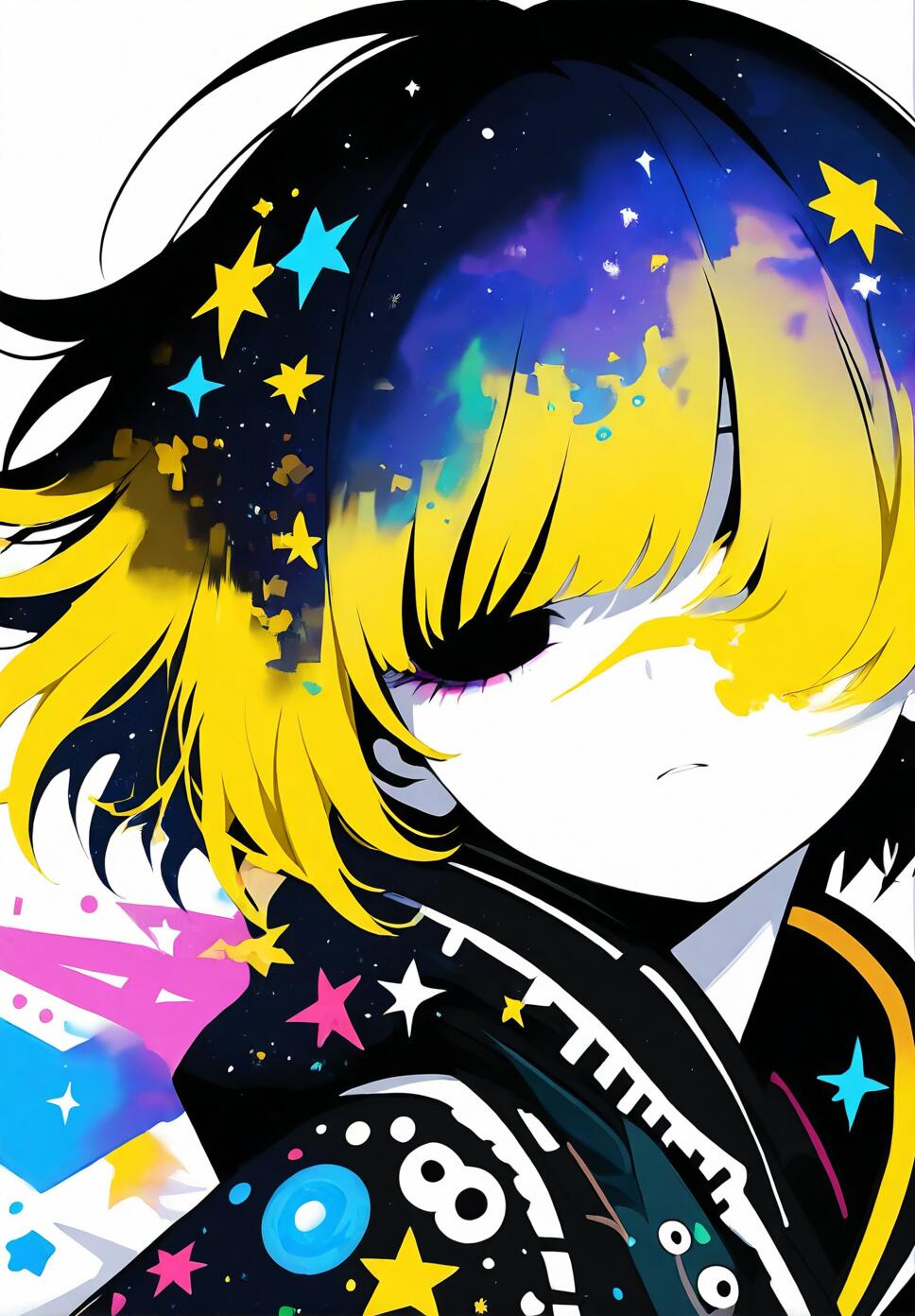 Close-up illustration of a girl with short hair obscuring her eyes, featuring cosmic stars and yellow highlights in a flat abstract style.