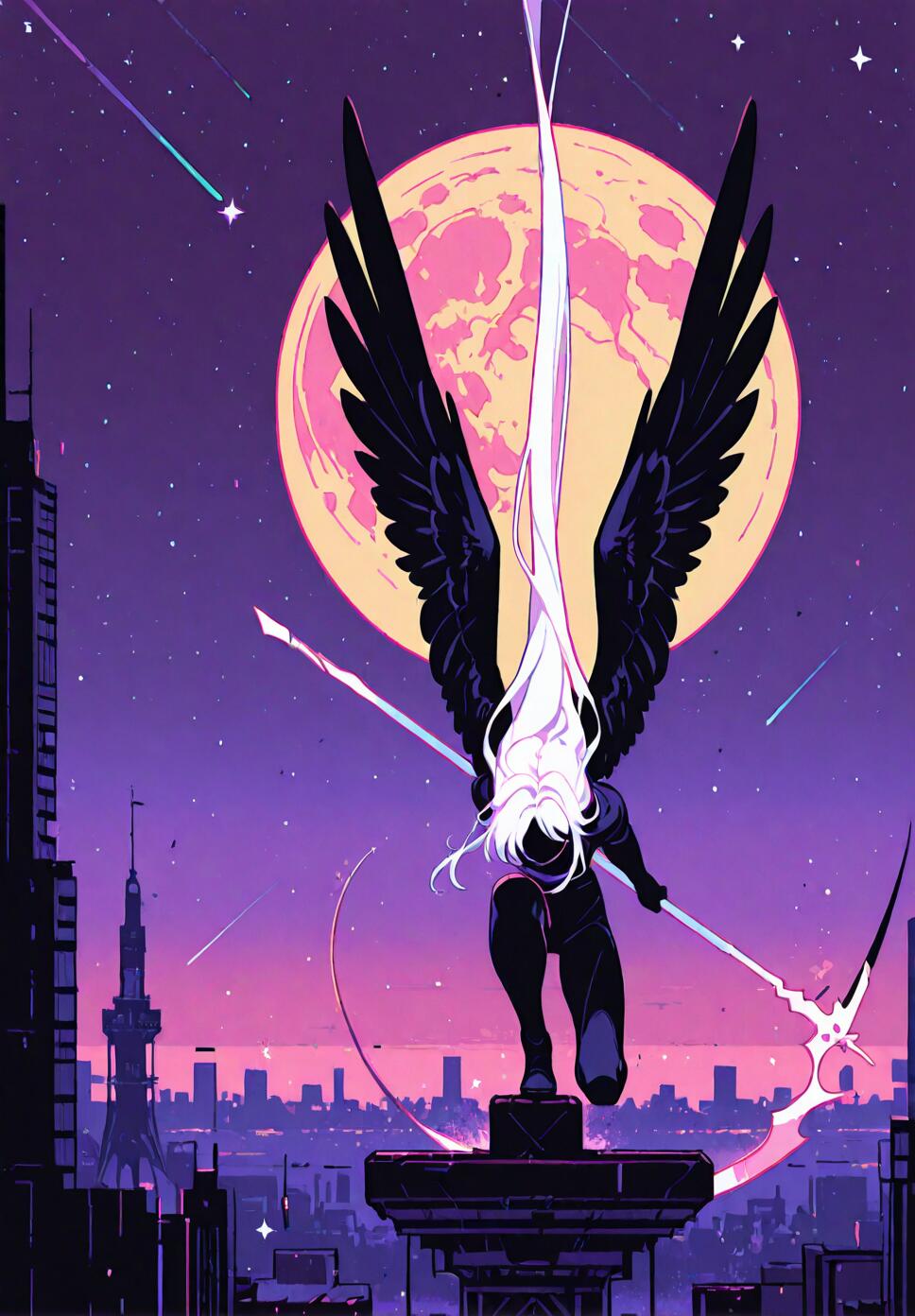A monochrome digital art piece of a white-haired warrior with black wings performing a superhero landing while holding a glowing scythe under a starry moonlit sky above a city.