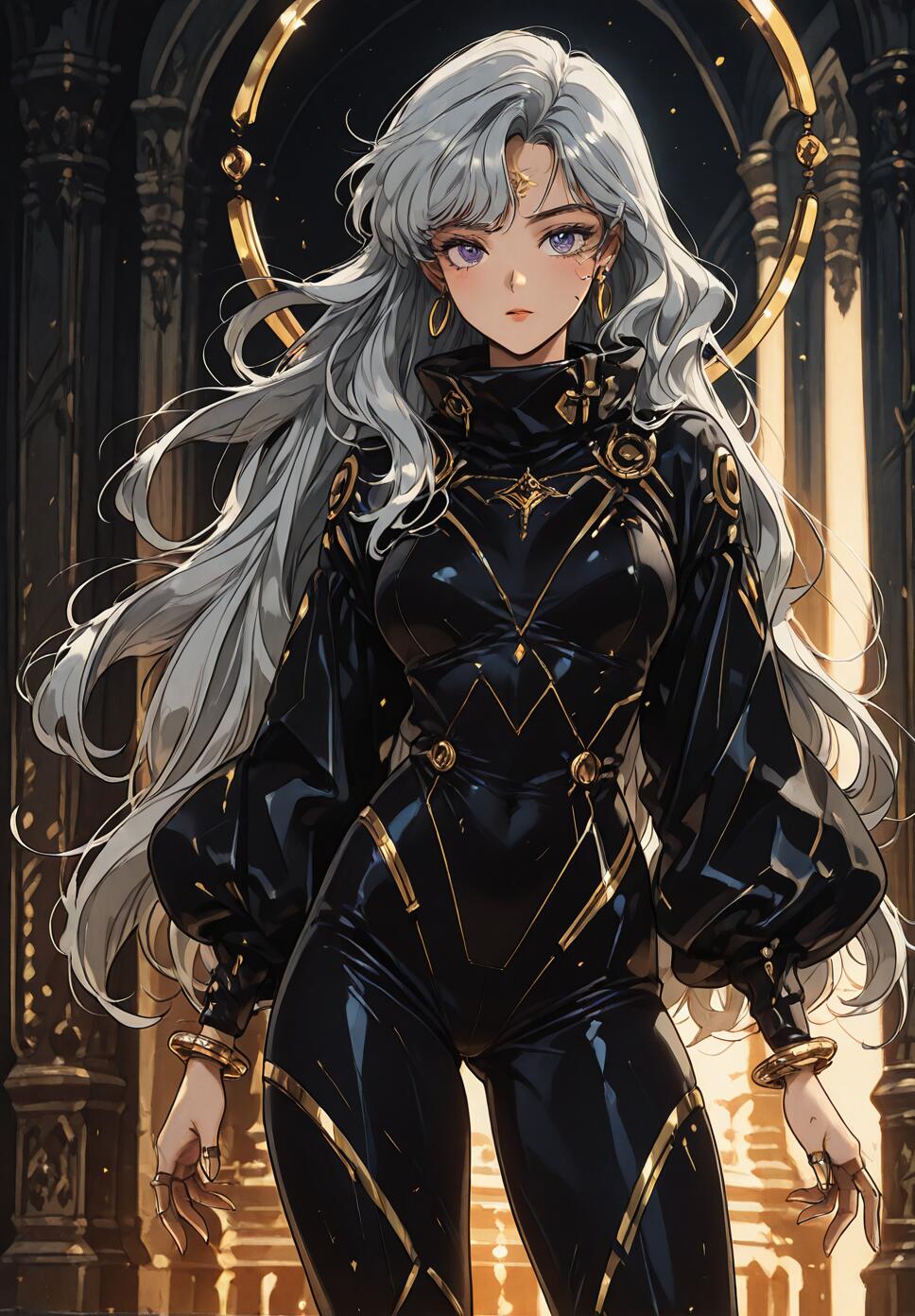 An elegant girl with long silver hair and violet eyes wearing a black and gold bodysuit, surrounded by floating golden rings in a cosmic void.