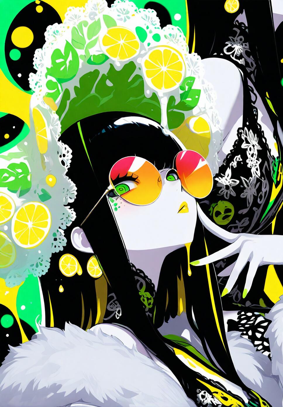 Two twin models in white lace haute couture and large sunglasses, surrounded by floating lemon slices, lime, and dripping white cream.