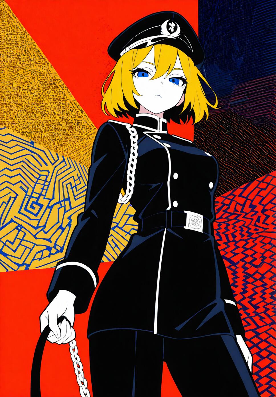 A stylized, abstract portrait of Chris Westland from Kinsou no Vermeil holding a chain leash in a red and black geometric setting.