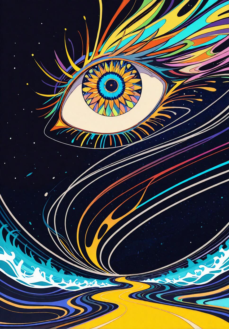 A surreal illustration of a massive rainbow-colored eye surrounded by neon waves and a winding path under a starry cosmic sky.