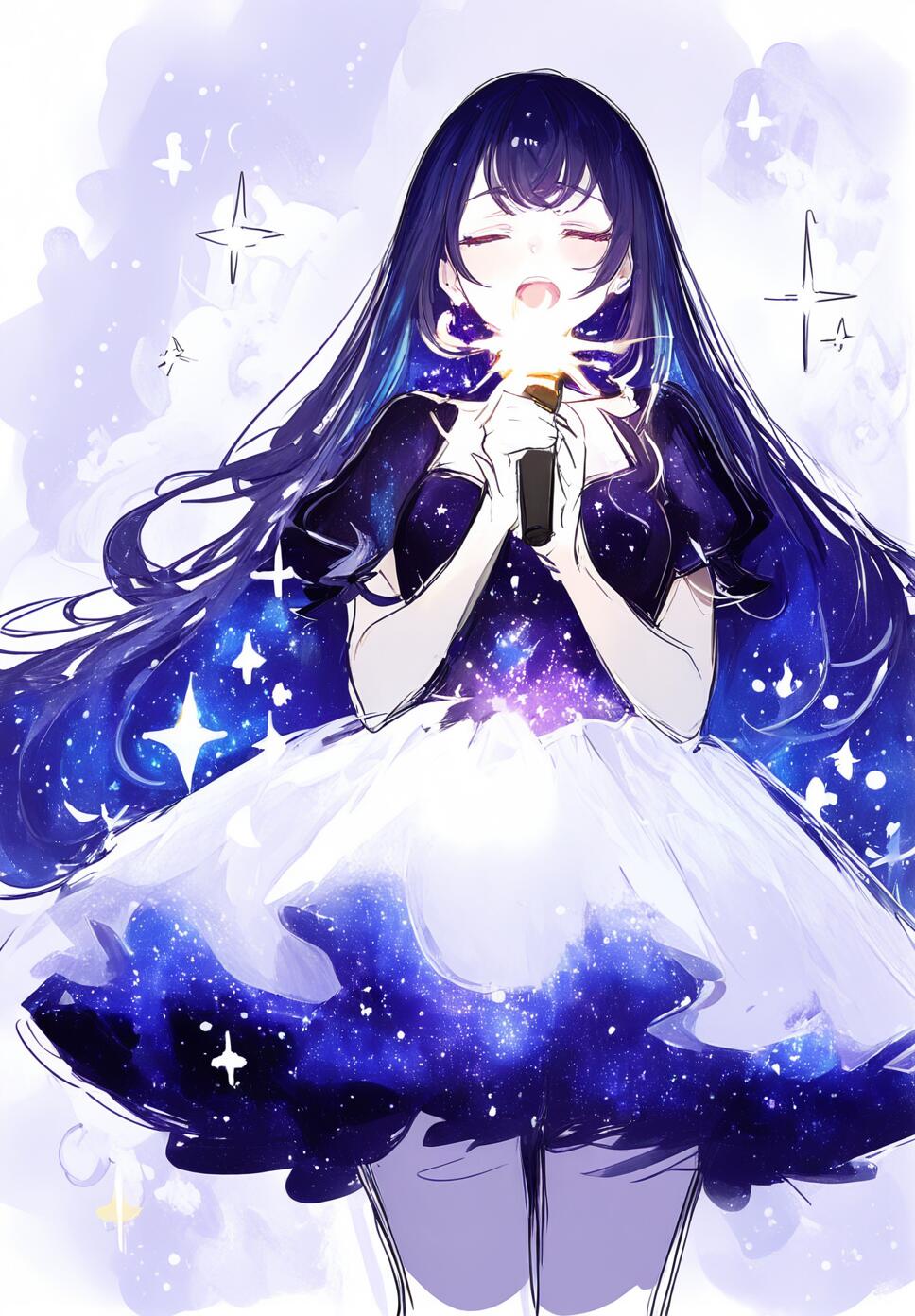 Watercolor illustration of a girl with navy hair and star sparkles singing into a glowing microphone amidst a swirling galaxy background.