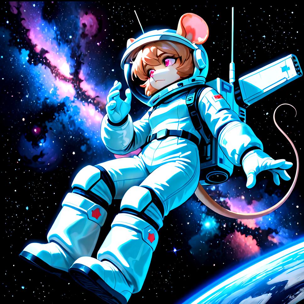 An anthropomorphic mouse girl in a detailed white spacesuit floating in outer space near a nebula and stars.