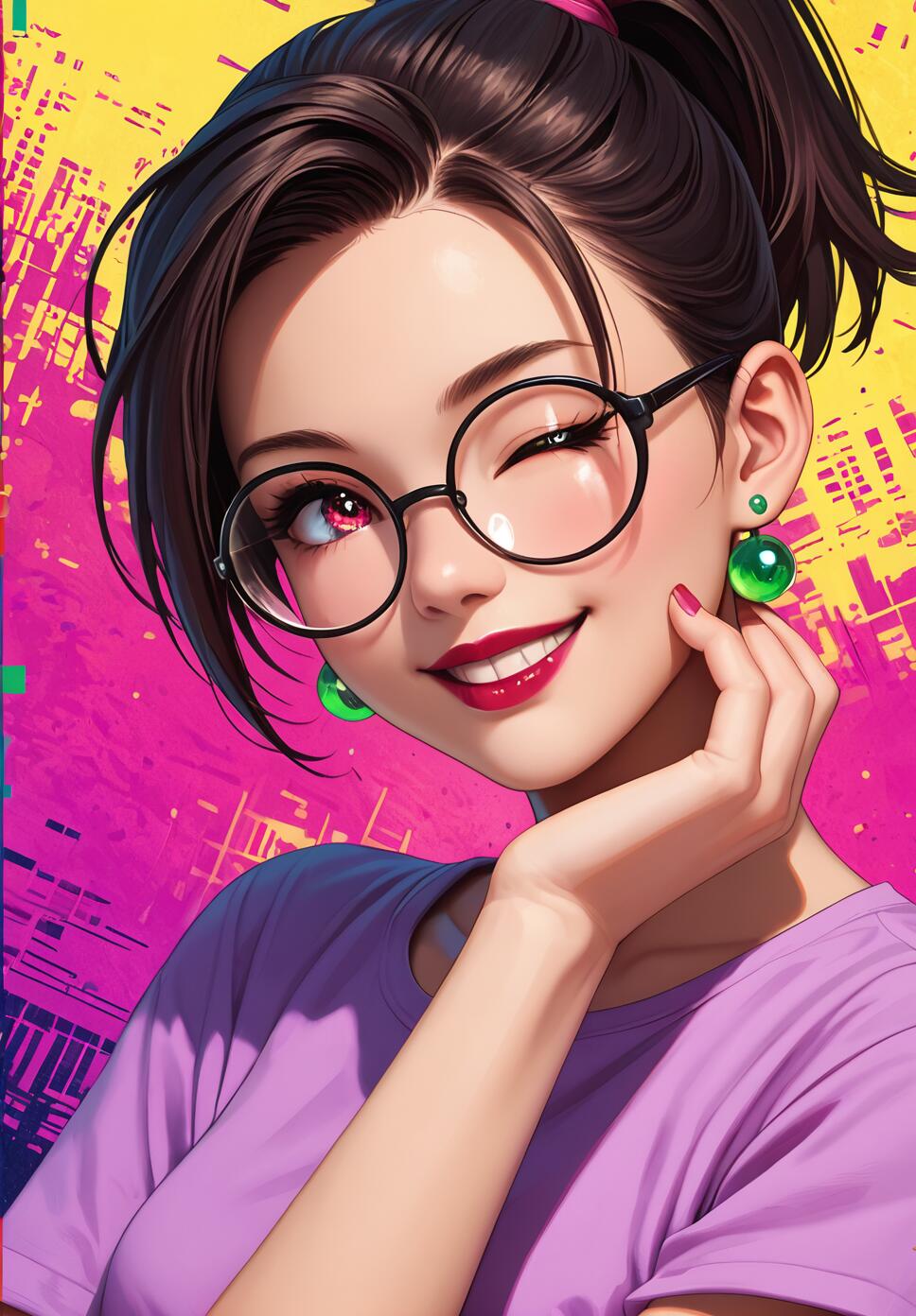 Close-up of a winking Asian woman with neon-streaked dark hair, glasses, and a lavender top against a vibrant glitch background.