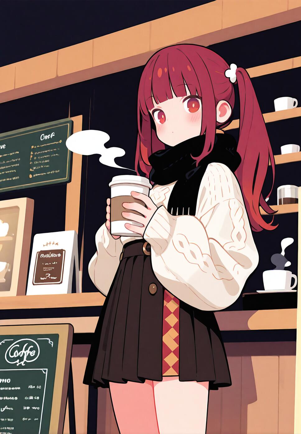 Flat vector illustration of a girl with red hair and red eyes wearing a cable knit sweater and a black scarf, holding a steaming cup of coffee in a cafe.