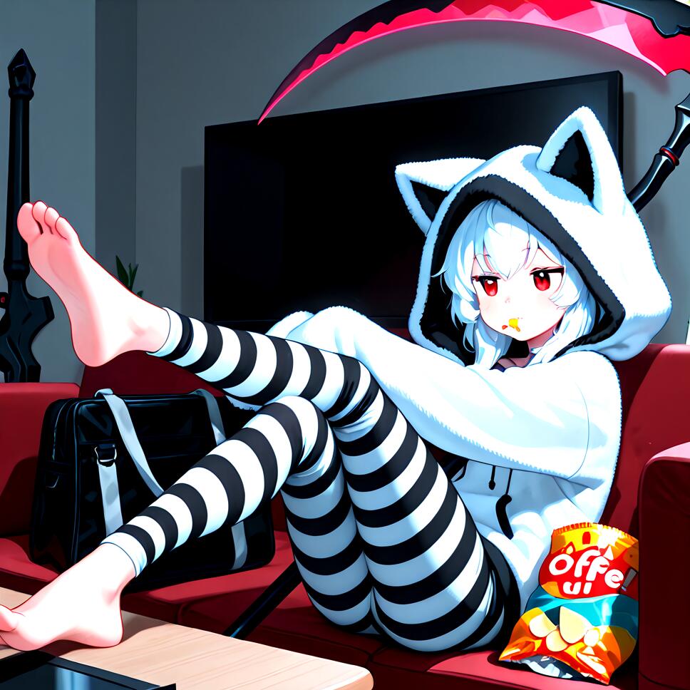 Anime girl with white hair, red eyes, and an animal ear hoodie sitting on a couch eating potato chips near a large scythe.