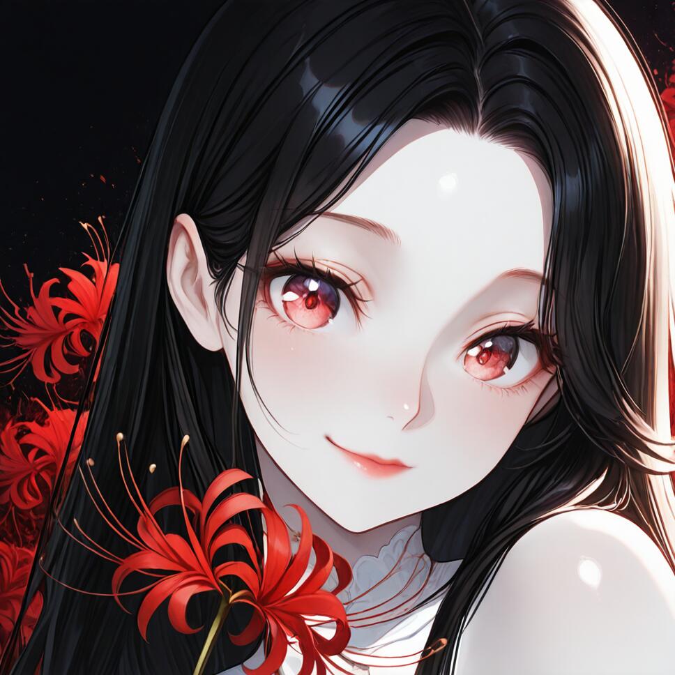 A close-up portrait of a woman with black hair, red eyes, and a mischievous smile holding a red spider lily against a red paint splatter background.