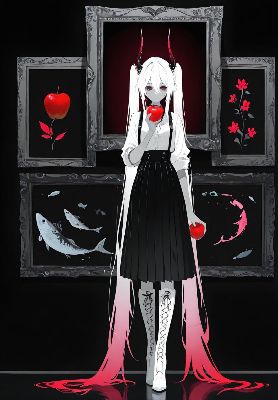 An expressionless girl with long white, pink, and red twintails, horns, and red eyes, wearing a black suspender skirt and holding a red apple.