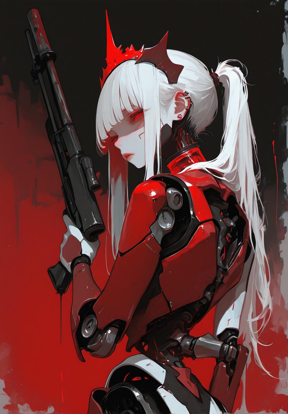 A cyborg girl with long white hair and dark red armor, looking over her shoulder while holding a mechanical sniper dagger.