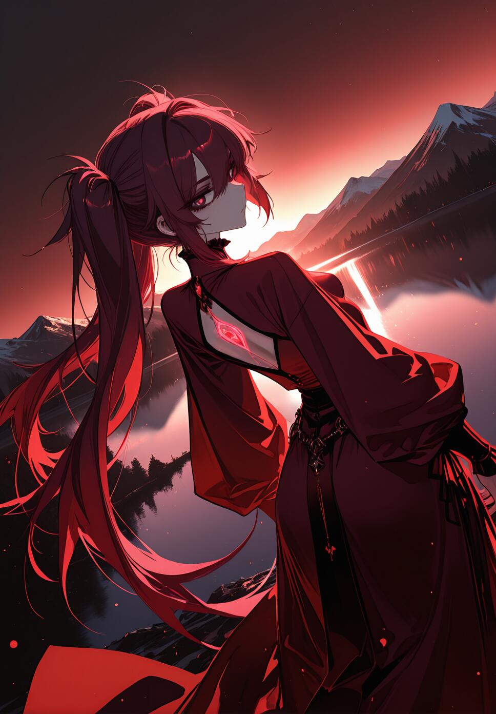 A girl with maroon twintails, tan skin, and maroon clothing standing by a mountain lake under a glowing gradient sky.