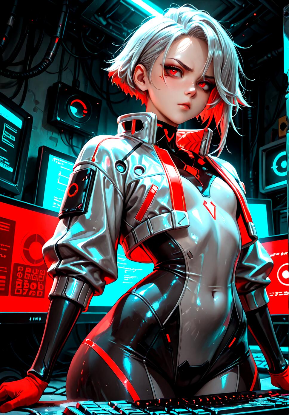 An androgynous person with short silver hair and red eyes, wearing an armored jacket, working at an old computer in a dark cyberpunk room with red lighting.