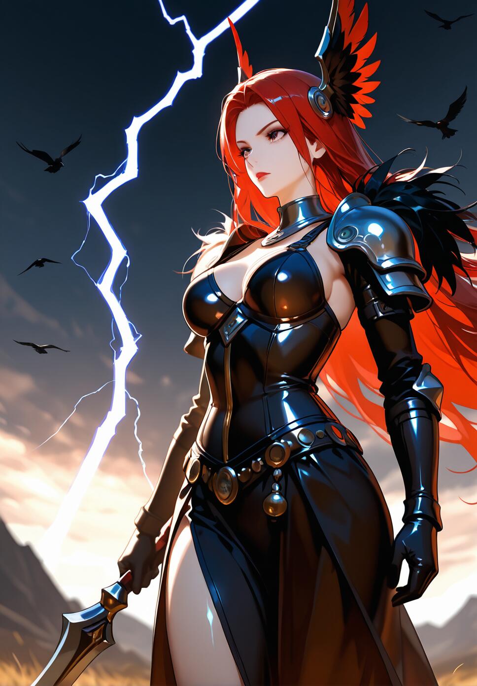 A cinematic illustration of a red-haired Valkyrie warrior with feather armor, surrounded by black ravens and dramatic lightning.