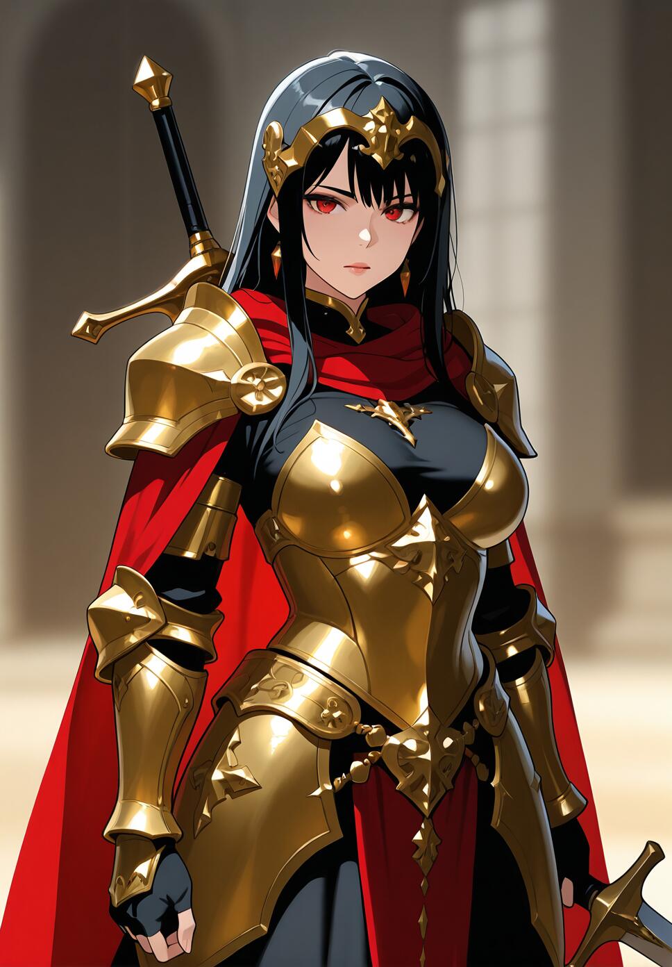 A flat vector illustration of a female warrior with long black hair, red eyes, gold-trimmed armor, and a red cape holding a sword.