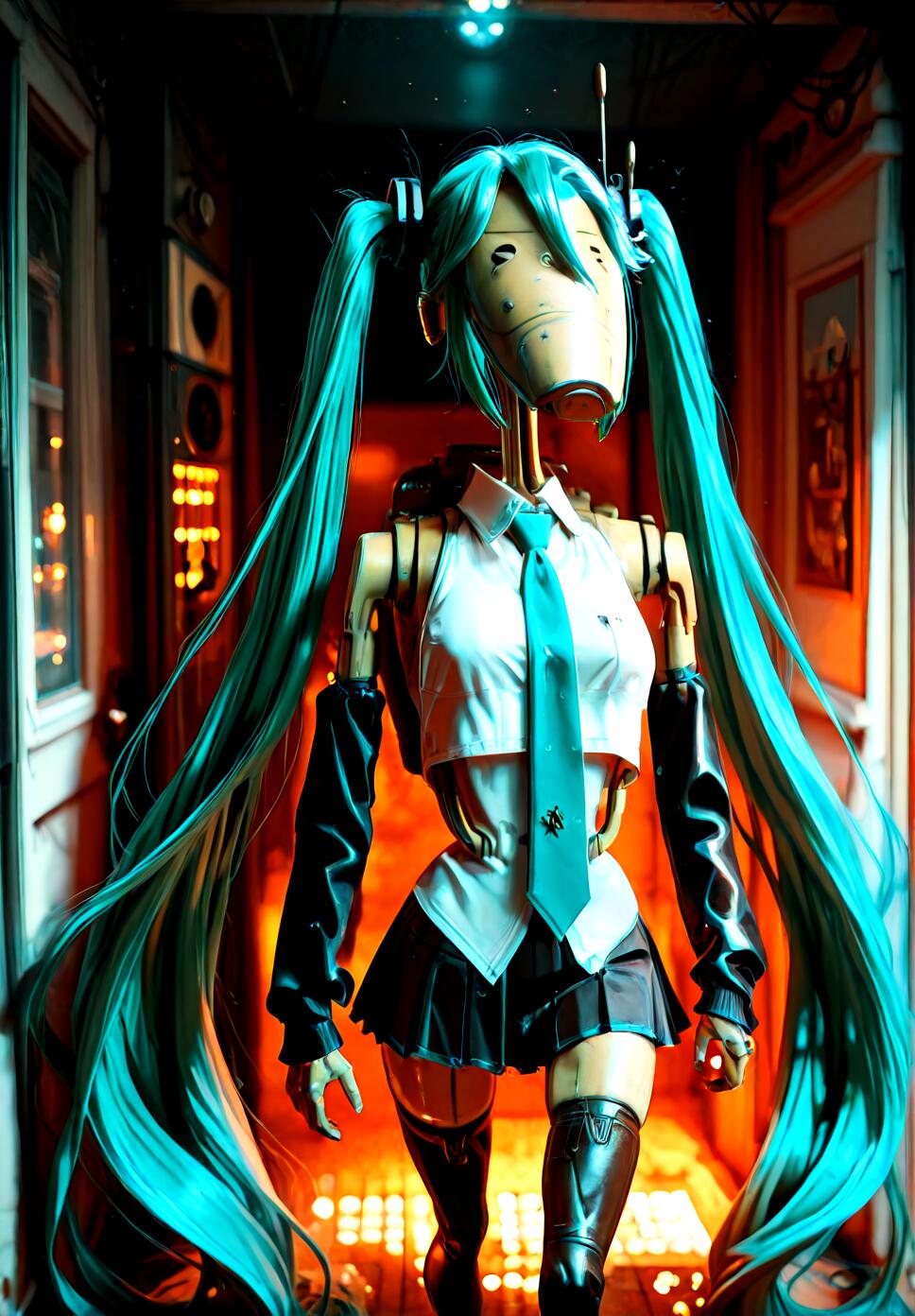 A detailed depiction of an android girl with aqua twintails, aqua eyes, wearing a white sleeveless shirt and black detached sleeves.