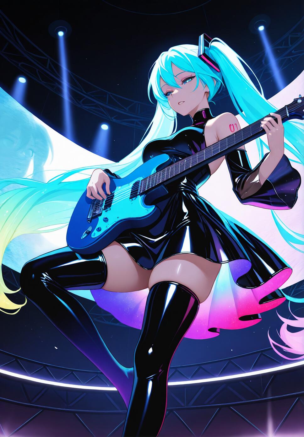 Hatsune Miku from Vocaloid playing guitar on a dark cyberpunk stage, wearing a glowing holographic dress with dramatic lighting and wind effects.