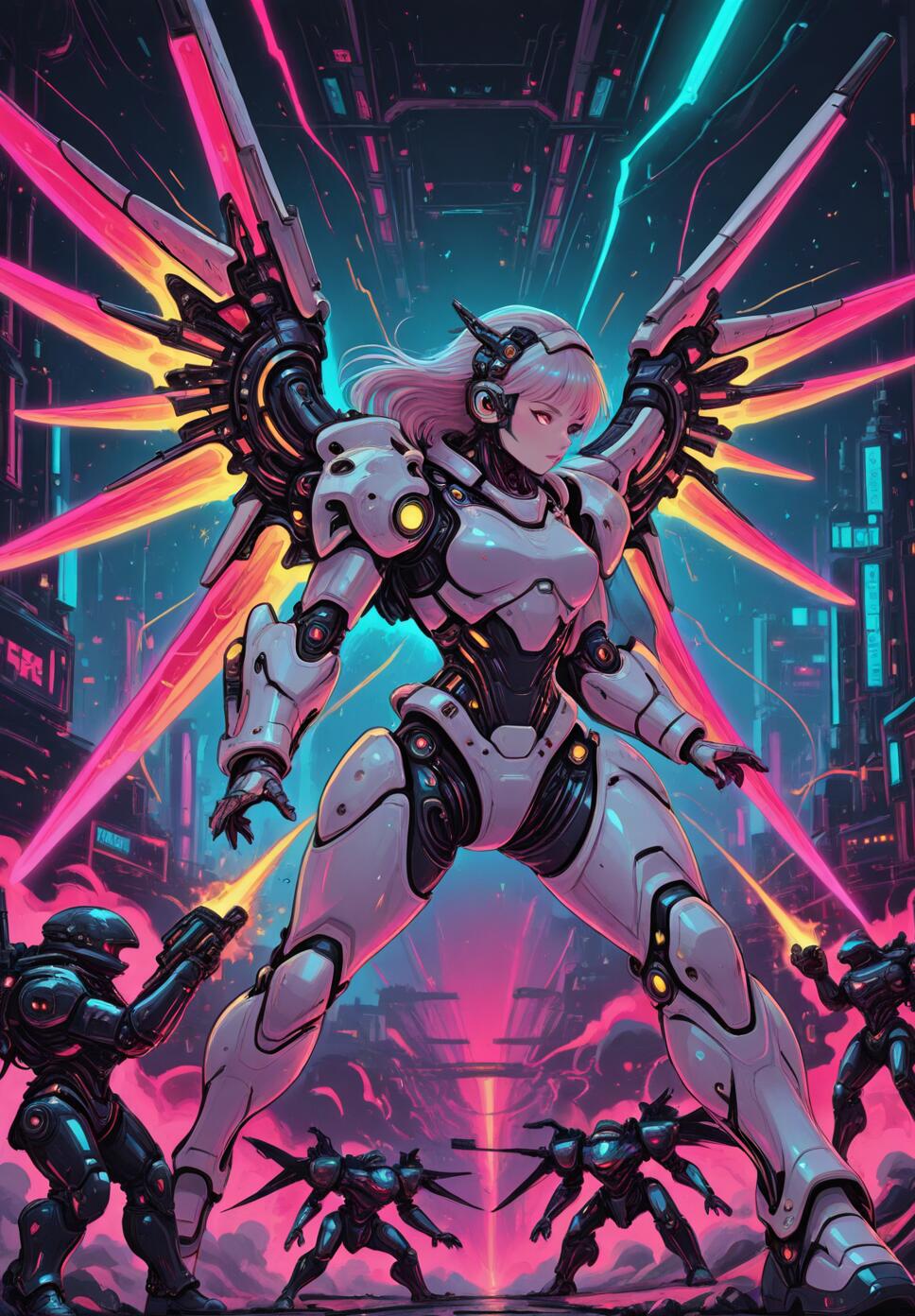 A platinum blonde futuristic soldier with red cybernetic eyes and mechanical wings, wearing armored power armor in a battlefield with explosions and neon lights.
