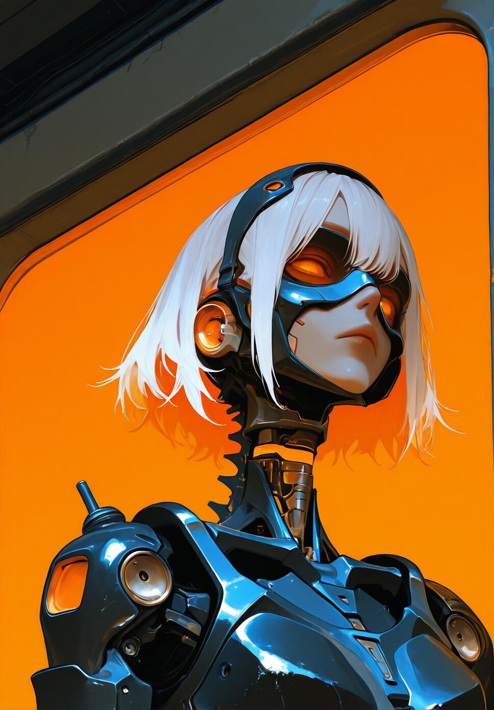 A detailed portrait of a female cyborg with white hair and orange glowing eyes wearing black and orange mechanical armor in a sci-fi corridor.