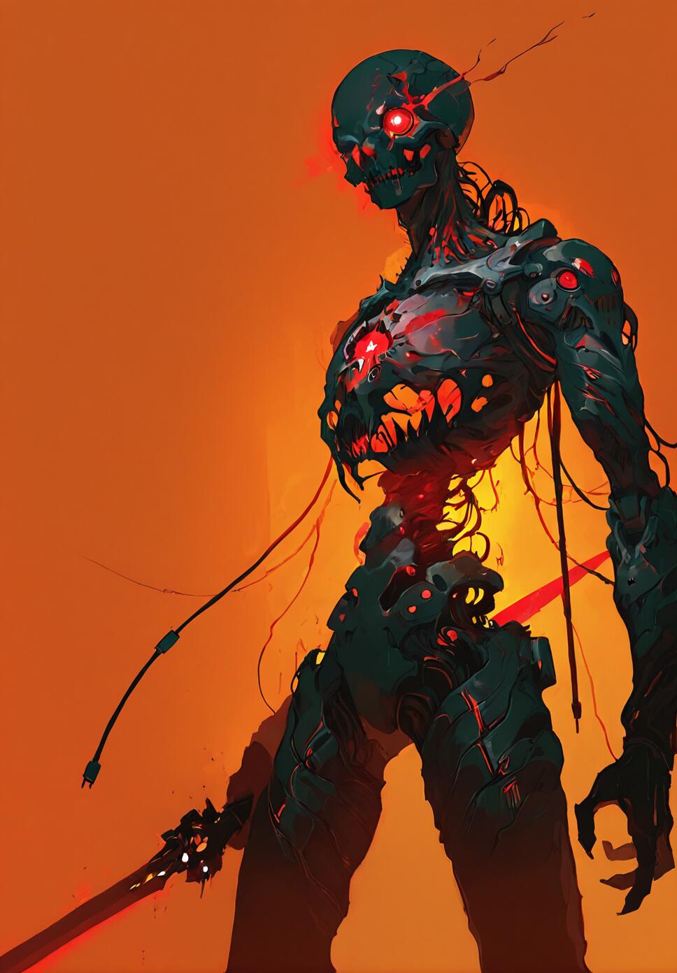 A science fiction male warrior with glowing red eyes holding a sword amidst cables and wires against an orange background.