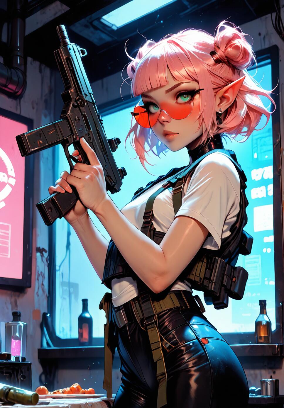 A detailed digital illustration of a pink-haired elf girl with green eyes, red glasses, and tactical gear holding a submachine gun in a cyberpunk nightclub.