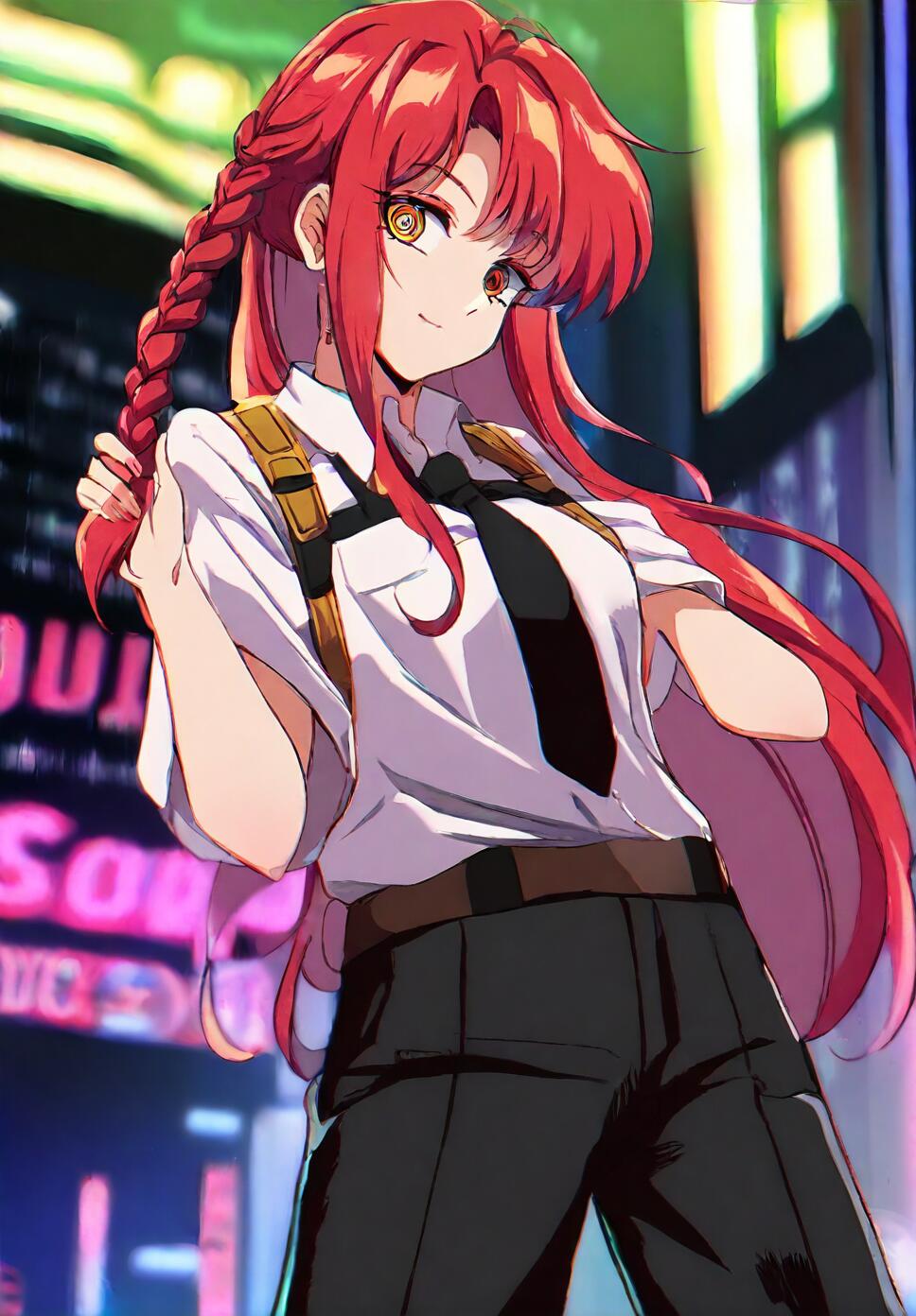 A girl with braided red hair and ringed eyes wearing a white collared shirt and black tie, standing in a neon-lit cyberpunk city background, retro sci-fi art style.