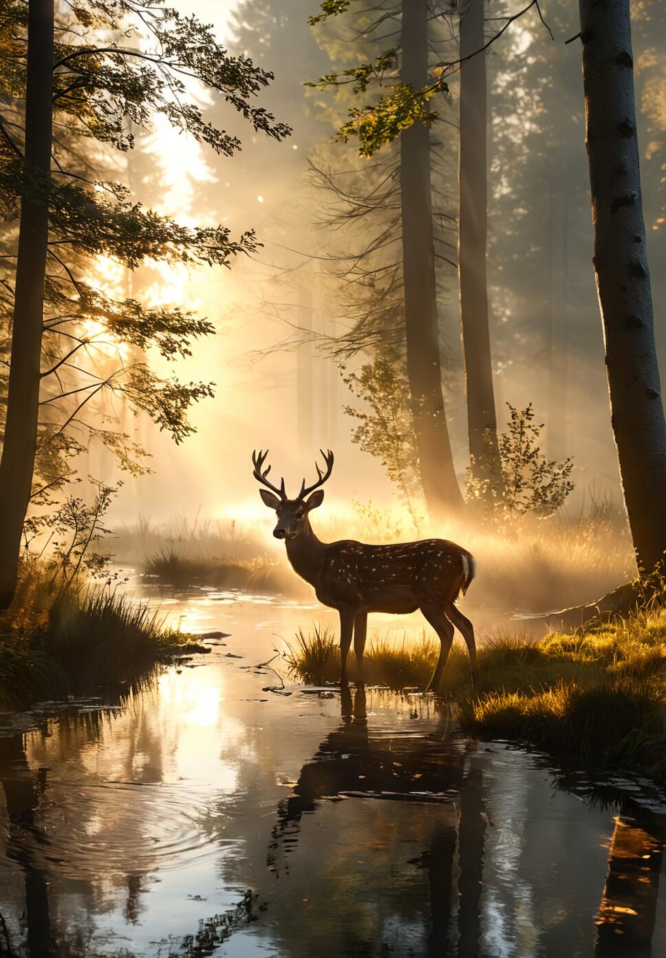 A photorealistic scene of a deer drinking from a clear stream in a misty forest during sunrise with sunlight rays.