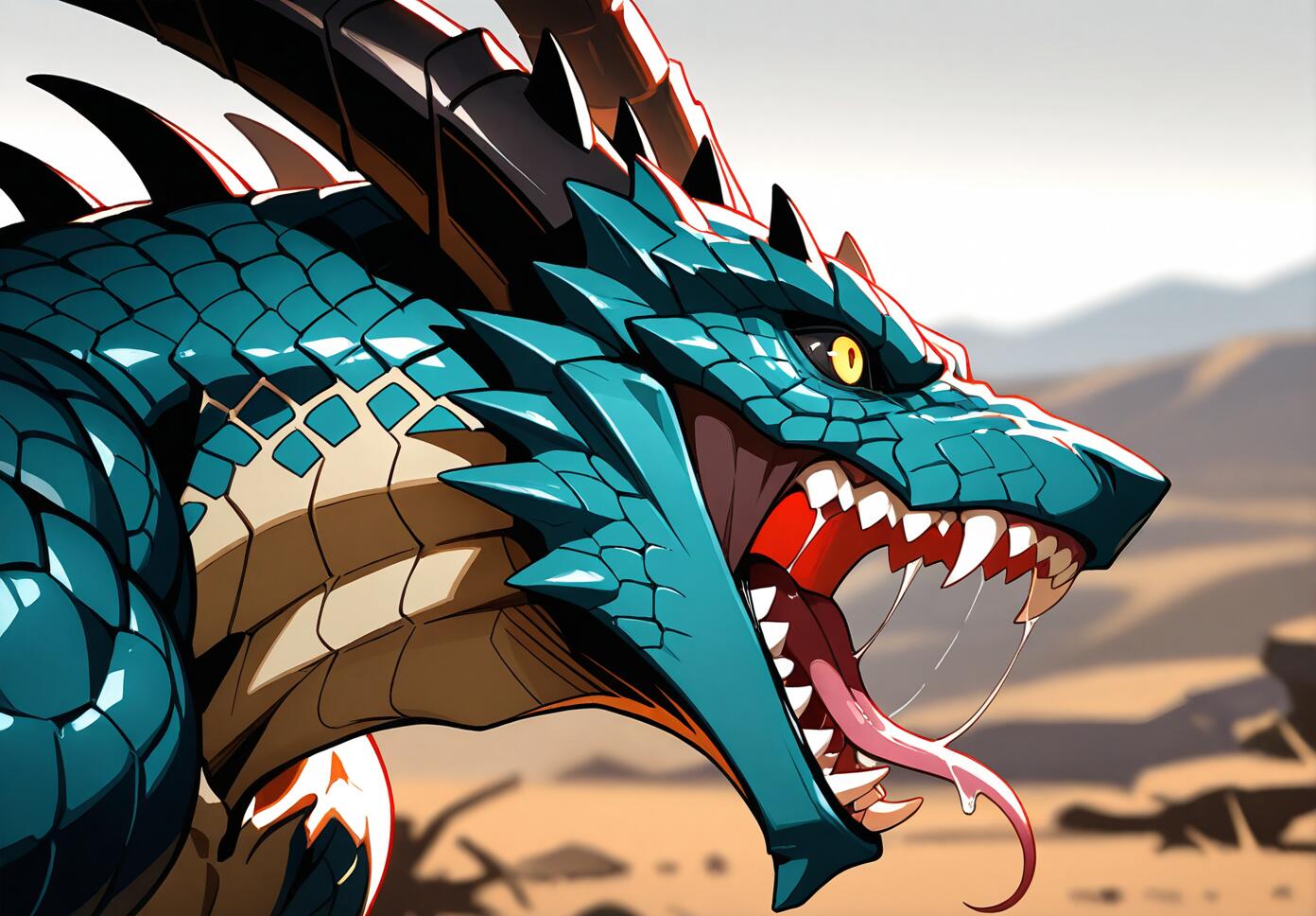 A detailed close-up portrait of a Deathclaw from Fallout, featuring a ferocious roar, sharp teeth, forked tongue, and yellow eyes in a wasteland setting.