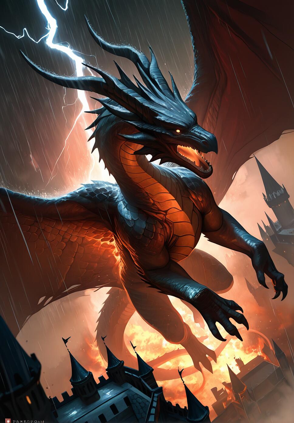 A massive fire dragon with long horns and wide wings guarding a castle under a lightning-filled, rainy sky, inspired by Game of Thrones.
