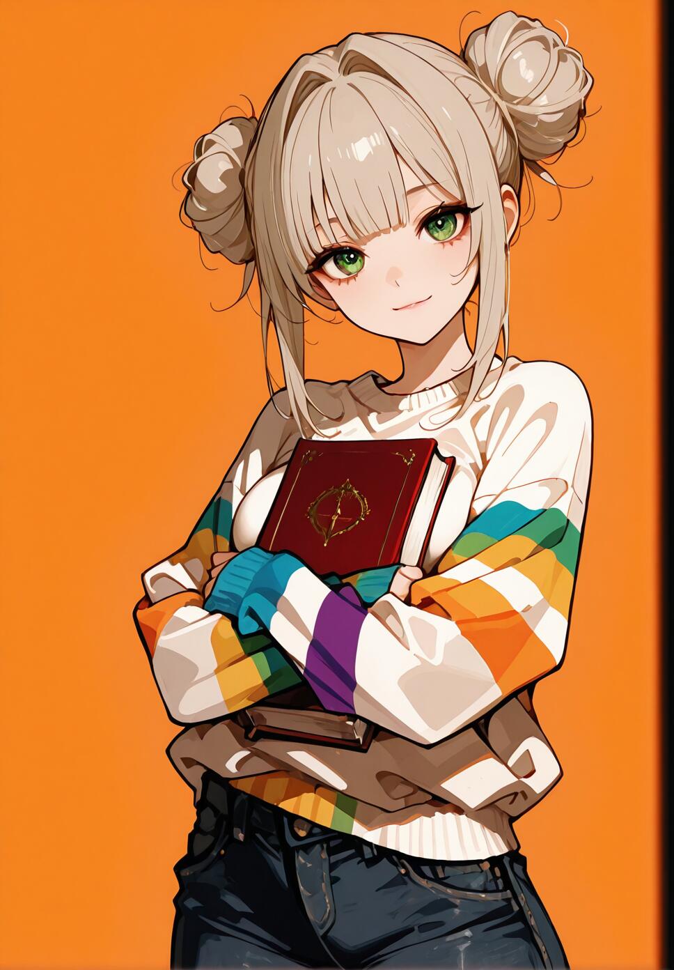 Digital art of a girl with platinum blonde double buns, green eyes, and a striped rainbow sweater hugging a book against an orange background.