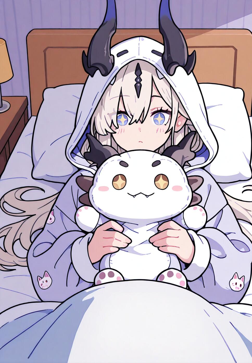 A flat vector illustration of Eblana from Arknights wearing white dragon pajamas and holding a Reed plushie while lying on a bed.
