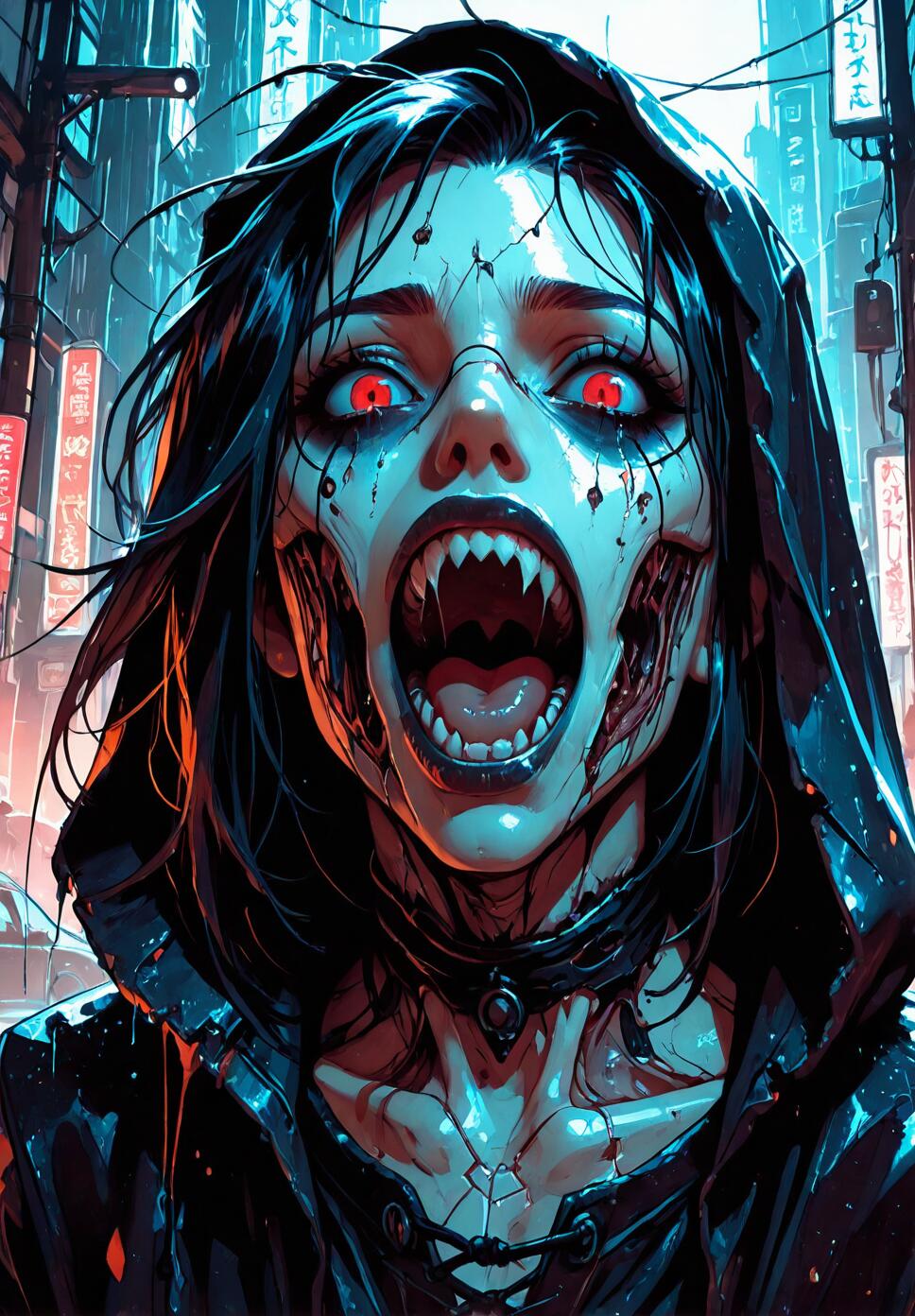 A close-up of a terrifying, undead hooded figure with a split-face deformity and red eyes, wearing gothic black clothing in a rainy cyberpunk city.