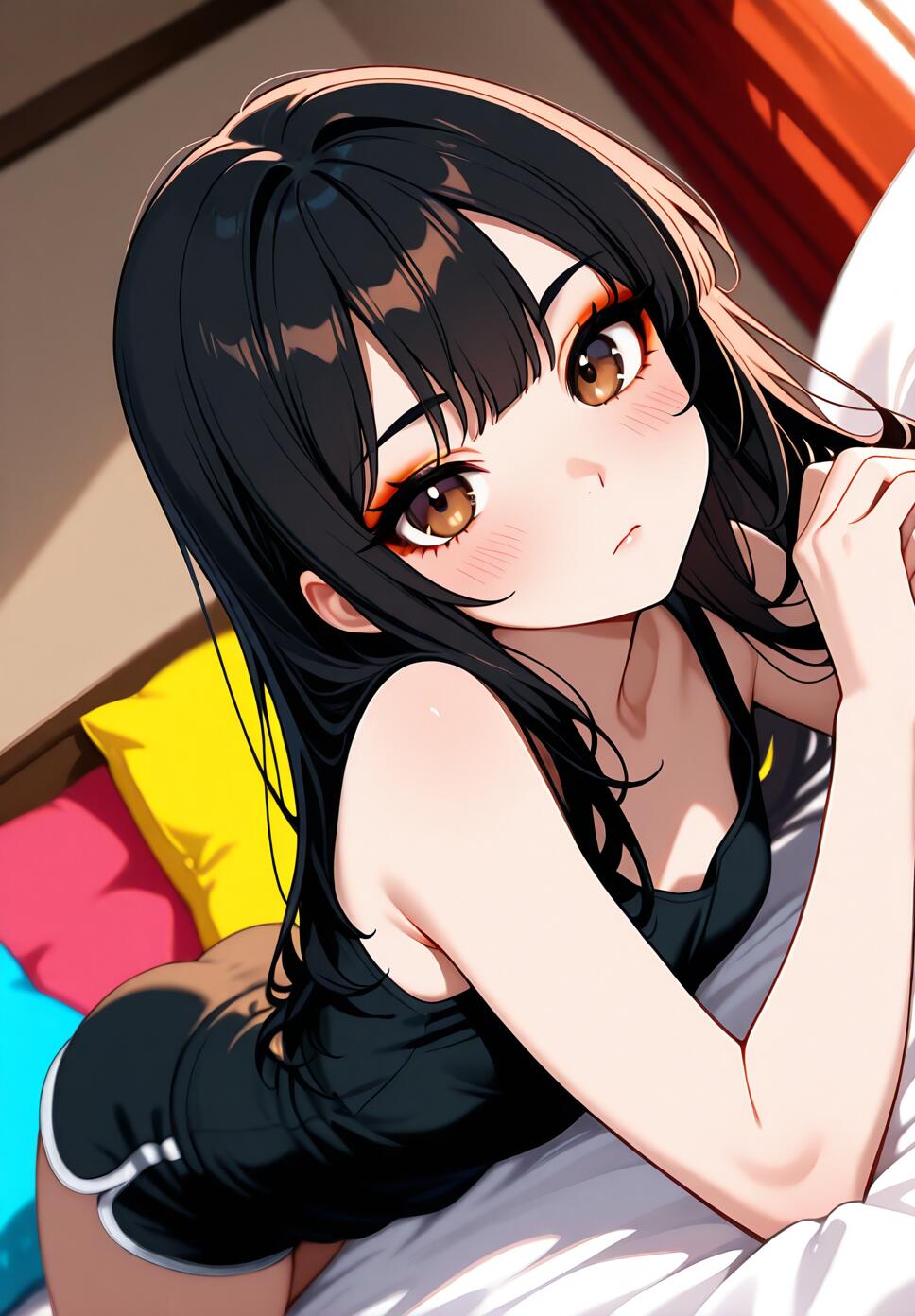 Digital art of a girl with long black hair, bangs, and brown eyes wearing a black tank top, resting on a bed with colorful pillows in a cozy bedroom.