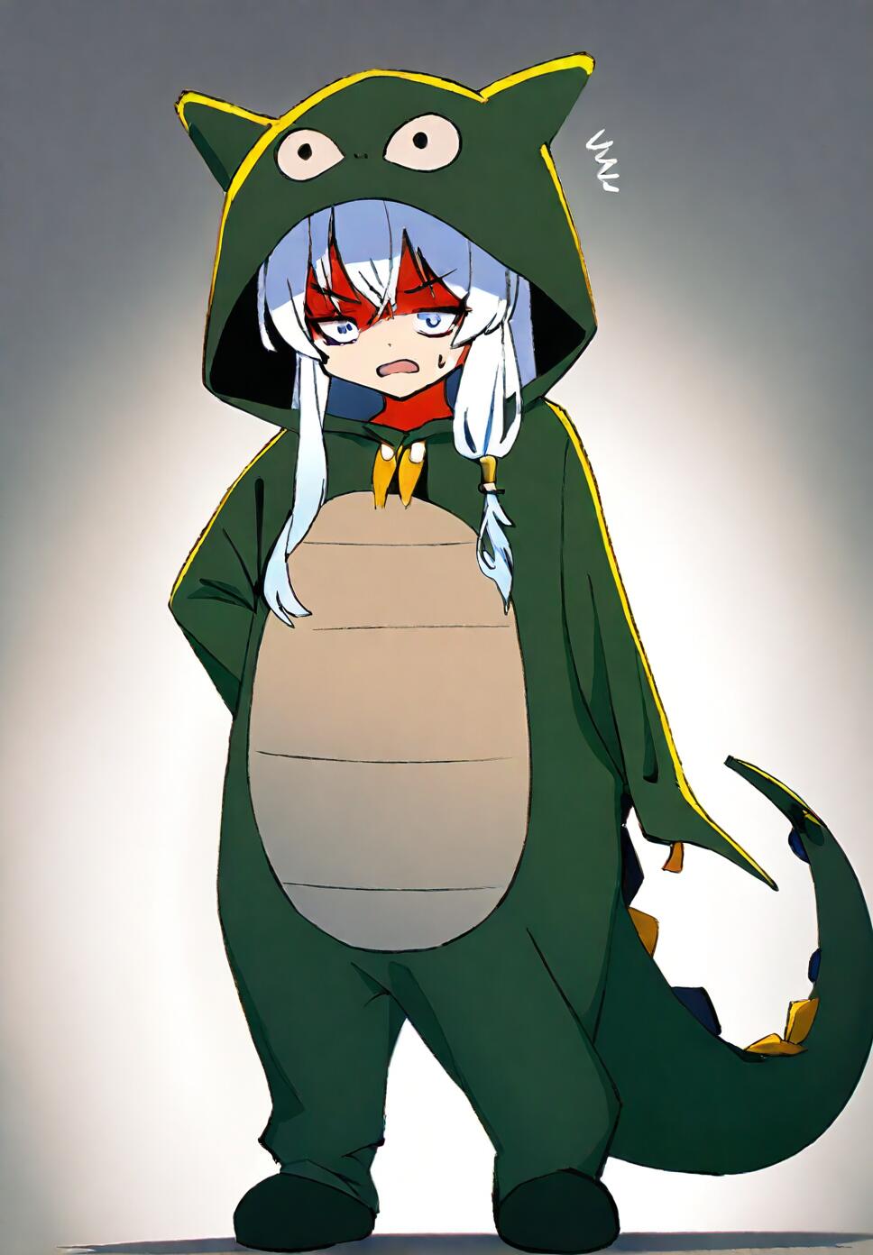 Elaina from Wandering Witch: The Journey of Elaina wearing a dragon costume with a turtle shell, looking shy and angry.