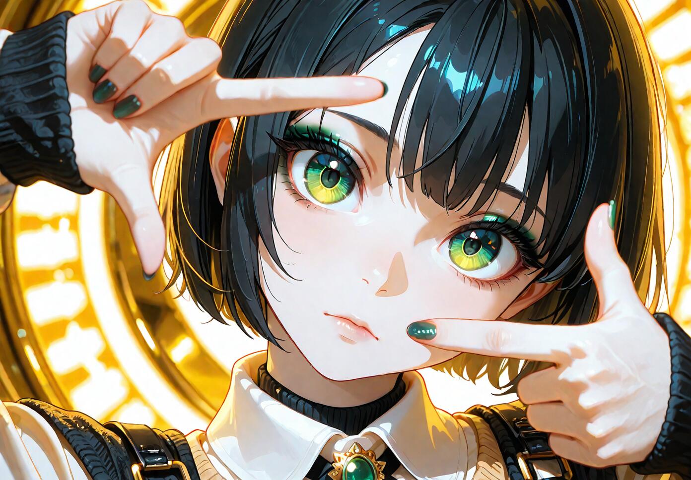 Portrait of an elegant girl with short black hair and green eyes wearing a black knitted sweater, white shirt, and tie, with a yellow neon Bitcoin in the background.