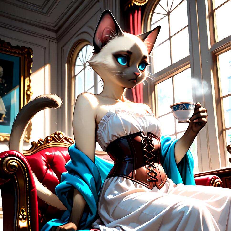 A graceful Siamese anthro cat girl with vivid blue eyes and a pink nose, wearing a corset and shawl, holding a steaming tea cup by a window in an elegant Victorian mansion.