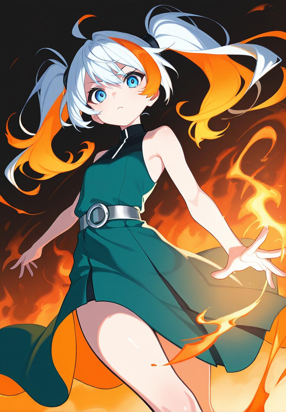 Anime-style digital illustration of a woman with orange pigtails and blue eyes conjuring bright orange flames from her hand against a dark, smoky background.